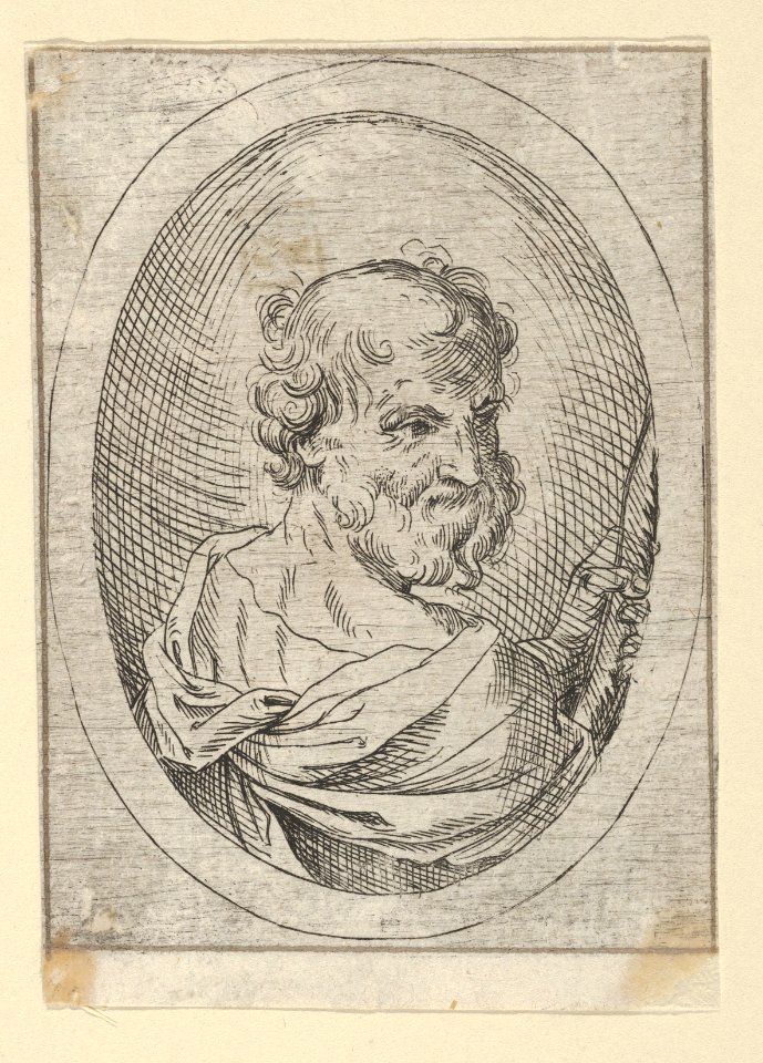 Saint Simon seen from behind, turning to the right and holding a saw, in an oval frame, from Christ, the Virgin, and Thirteen Apostles MET DP837883