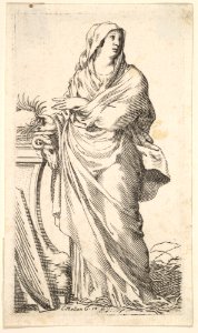 Robed woman standing next to a plinth, her right hand bears a palm branch, a harp rests against the plinth MET DP823170