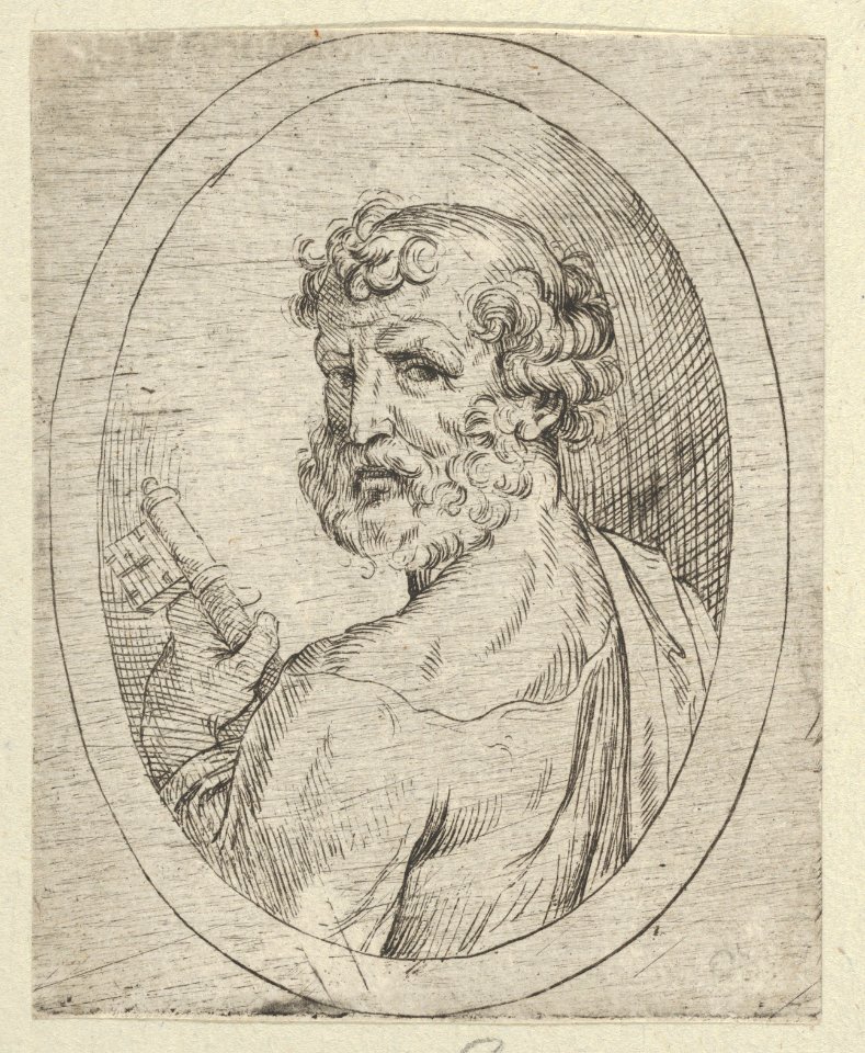 Saint Peter seen from behind, turning to face outwards and holding a key, in an oval frame, from Christ, the Virgin, and Thirteen Apostles MET DP837911