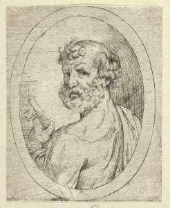 Saint Peter seen from behind, turning to face outwards and holding a key, in an oval frame, from Christ, the Virgin, and Thirteen Apostles MET DP837911