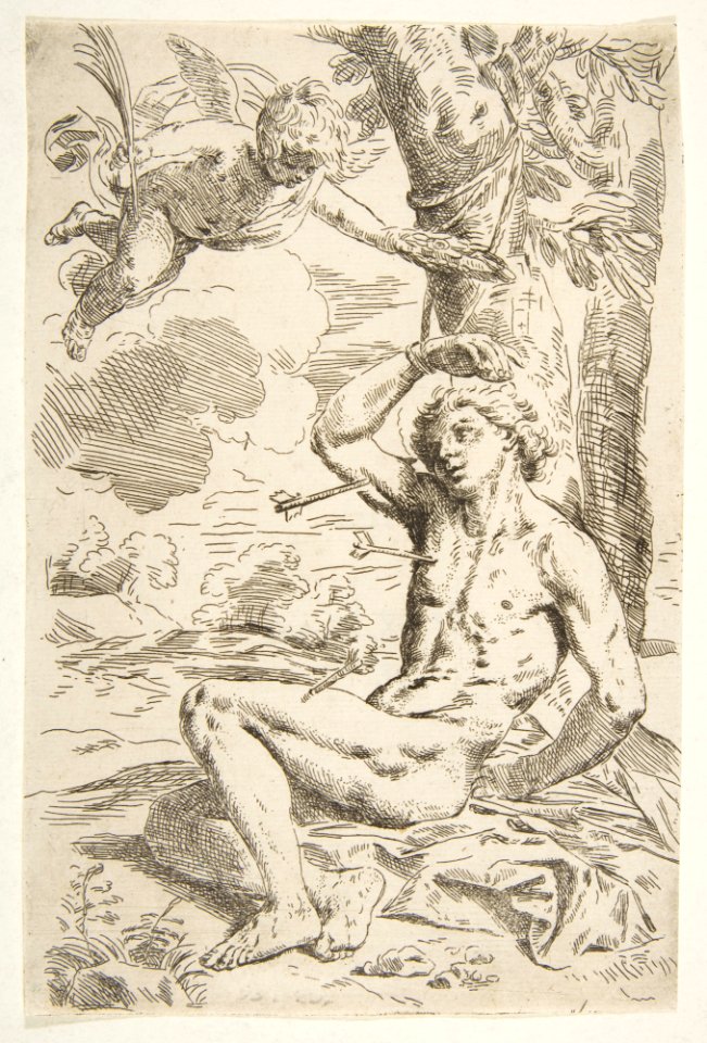 Saint Sebastian pierced with arrows and tied to a tree, copy after Cantarini MET DP815126