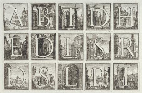 Roman alphabet against architectural backgrounds, from G. P. Zanotti's Il Claustro di San Michele in Bosco di Bologna MET DP855618