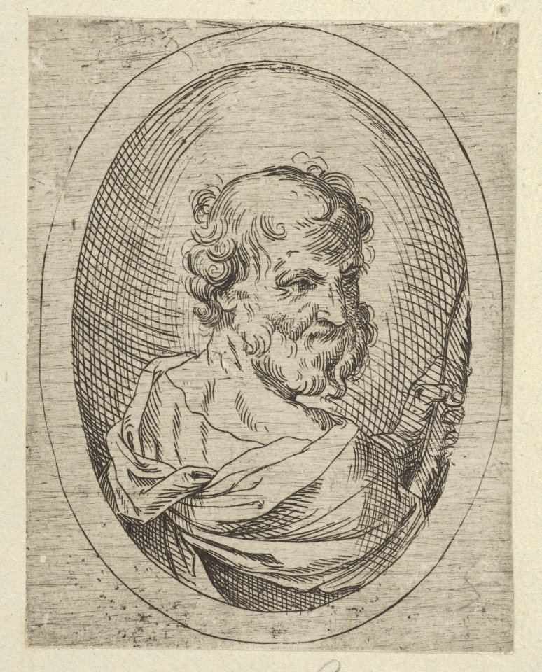 Saint Simon seen from behind, turning to the right and holding a saw, in an oval frame, from Christ, the Virgin, and Thirteen Apostles MET DP837906