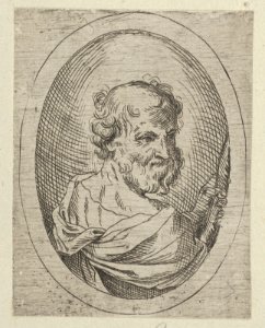 Saint Simon seen from behind, turning to the right and holding a saw, in an oval frame, from Christ, the Virgin, and Thirteen Apostles MET DP837906