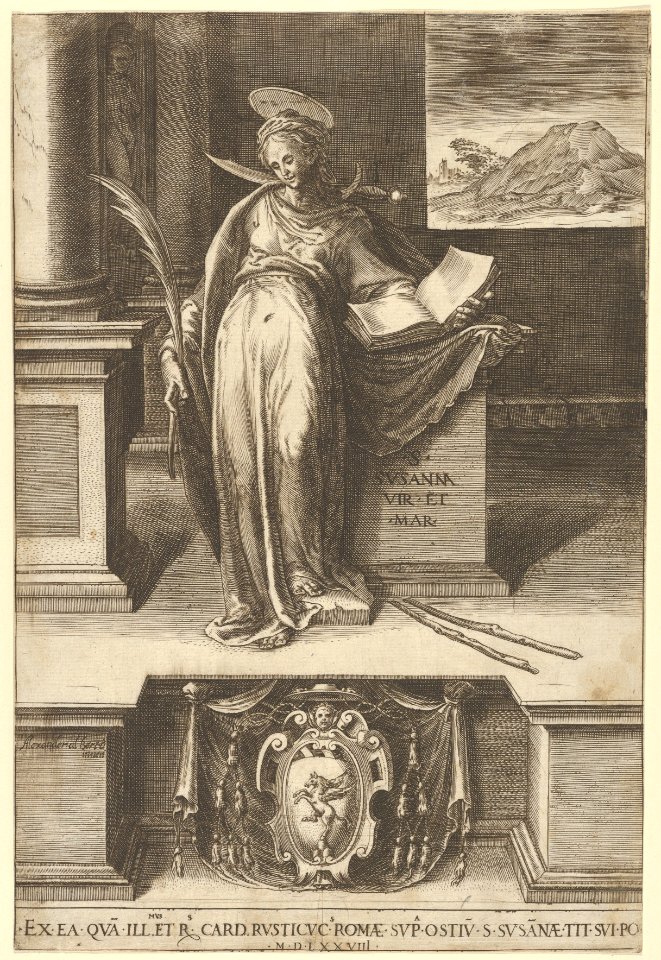 Saint Susanna in an interior holding an open book in her left hand, a ...