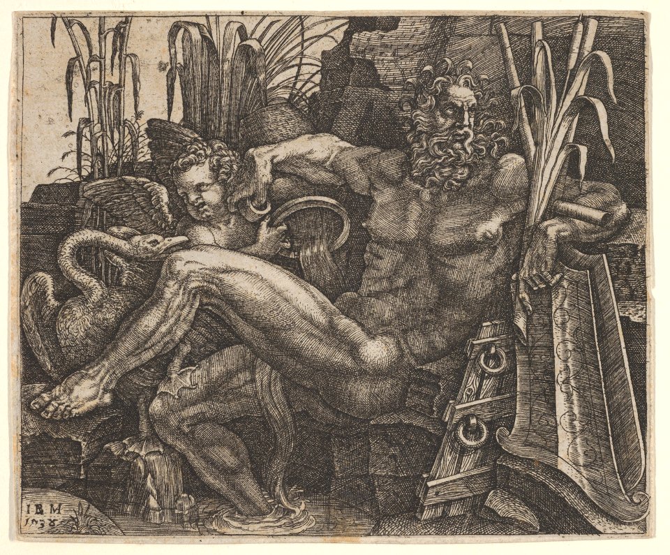 River God Po reclining on a rocky bank, a winged putto and long-necked water bird stand behind his legs MET DP832613