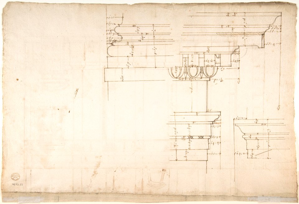 Santa Maria Maggiore, Sforza Chapel, elevation (recto) Unknown, entablature, partial cornice, and column or pilaster base profile (verso) MET DP810526