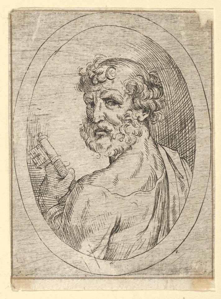 Saint Peter seen from behind, turning to face outwards and holding a key, in an oval frame, from Christ, the Virgin, and Thirteen Apostles MET DP837887
