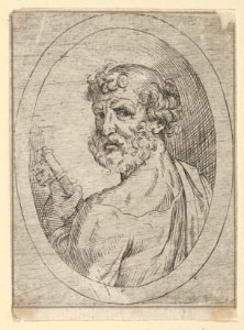 Saint Peter seen from behind, turning to face outwards and holding a key, in an oval frame, from Christ, the Virgin, and Thirteen Apostles MET DP837887