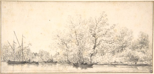 River Scene with Boats before a densely Wooded Bank MET DP800669