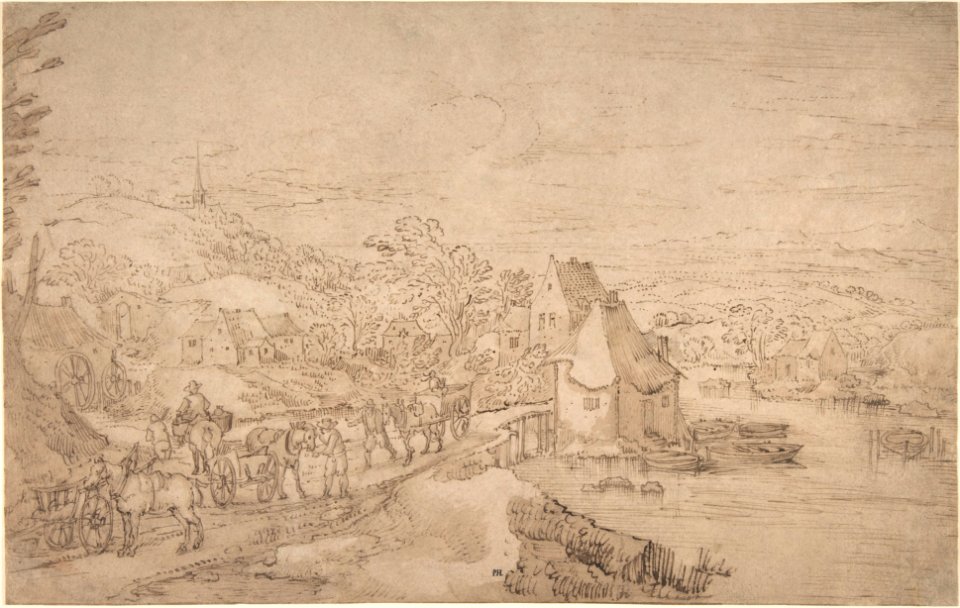 River Landscape with Wagons on a Road near a Village MET DP801454