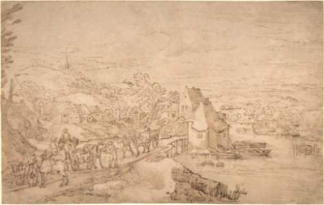 River Landscape with Wagons on a Road near a Village MET DP801454