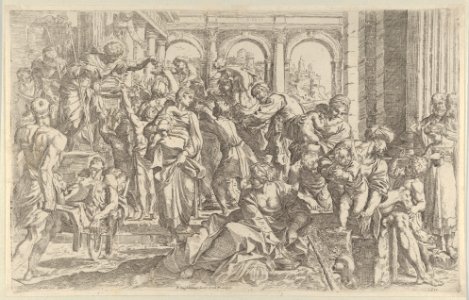 Saint Roch at left distributing alms to a group of people gathered around him, after Annibale Caracci MET DP838016