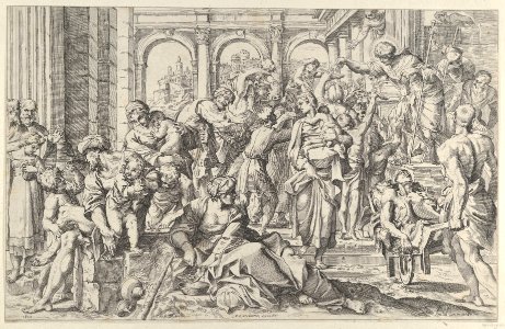 Saint Roch at right distributing alms to a group of people gathered around him, after Annibale Caracci MET DP841458