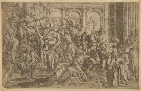 Saint Roch at left distributing alms to a group of people gathered around him, after Annibale Caracci MET DP838023