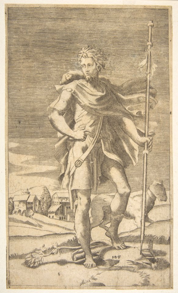 Saint Roch standing holding a staff in his left hand, a dog by his side MET DP812421