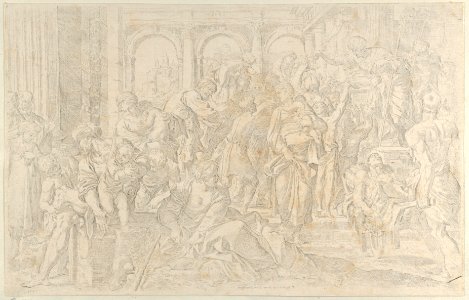 Saint Roch at right distributing alms to a group of people gathered around him, after Annibale Caracci MET DP841459