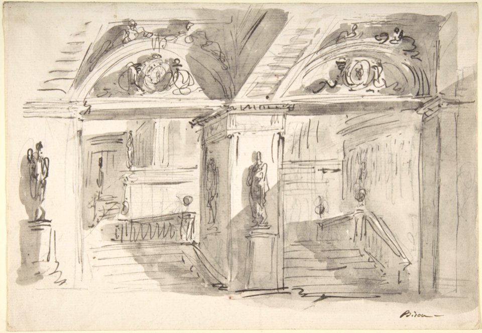 Sketch of a Palace's Interior's Foreshortening with Stairs, Statues and Ornaments MET DP807988