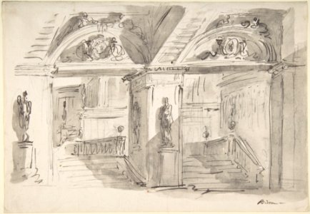 Sketch of a Palace's Interior's Foreshortening with Stairs, Statues and Ornaments MET DP807988