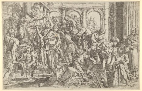 Saint Roch at left distributing alms to a group of people gathered around him, after Annibale Caracci MET DP838024