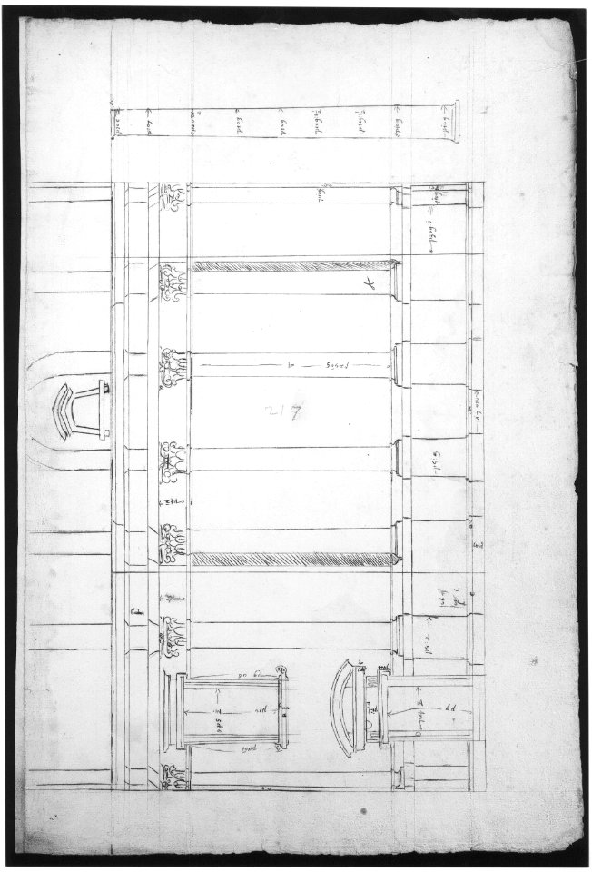 Santa Maria Maggiore, Sforza Chapel, elevation (recto) Unknown, entablature, partial cornice, and column or pilaster base profile (verso) MET sf49 92 23r-MM35217