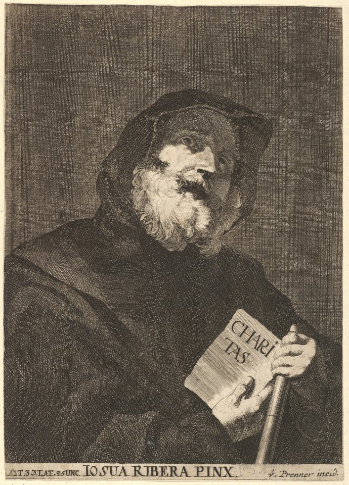 Saint dressed in a hooded cloak, holding book with the inscription "CHARITAS" from a portfolio of reproductions of the Imperial Gallery of Paintings in Vienna; plate 41 of the series MET DP836608