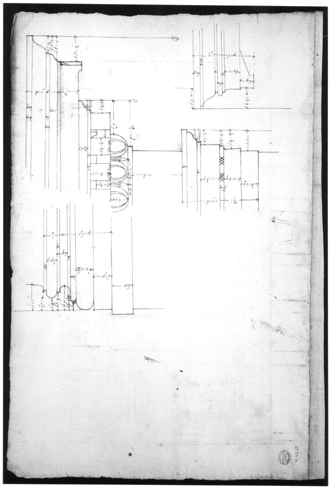 Santa Maria Maggiore, Sforza Chapel, elevation (recto) Unknown, entablature, partial cornice, and column or pilaster base profile (verso) MET sf49 92 23v-MM35218