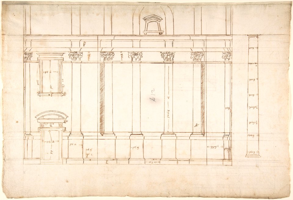 Santa Maria Maggiore, Sforza Chapel, elevation (recto) Unknown, entablature, partial cornice, and column or pilaster base profile (verso) MET DP810525