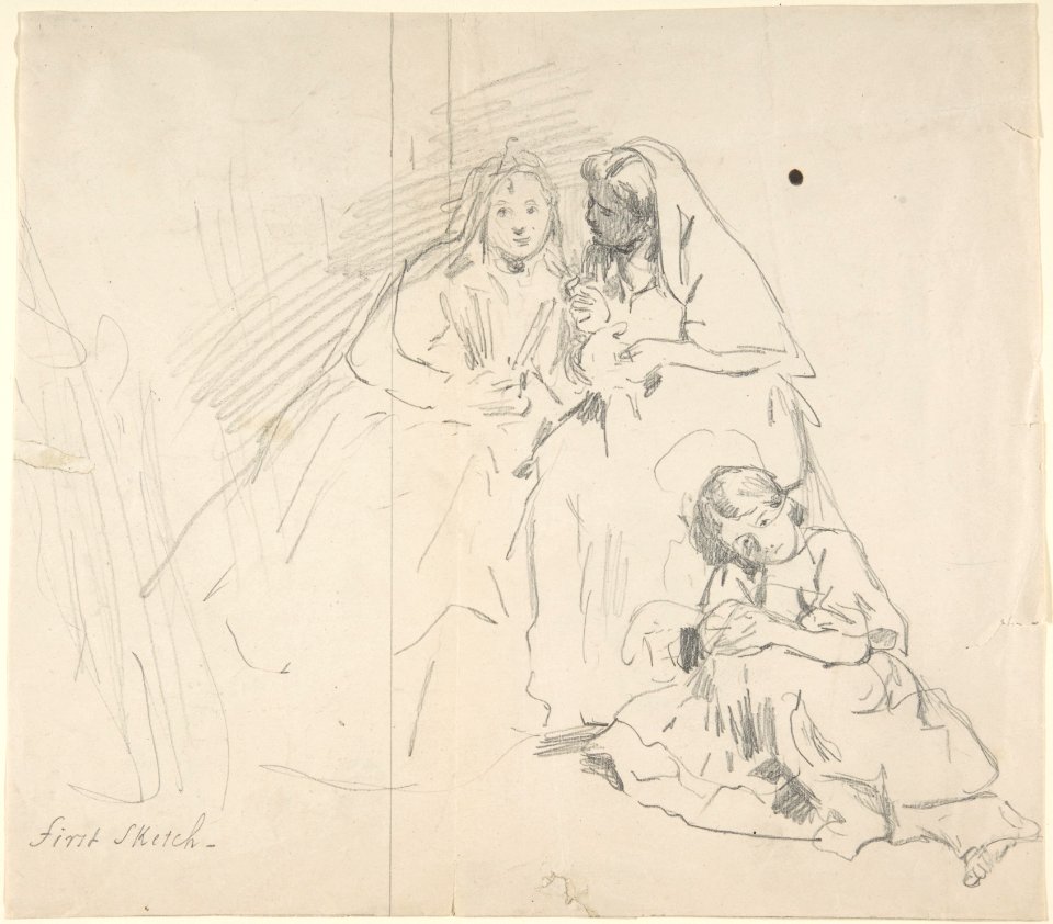 Sketch of Two Seated Women with Young Girl Sitting at Their Feet; Verso- Sketch of a Woman MET DP800919