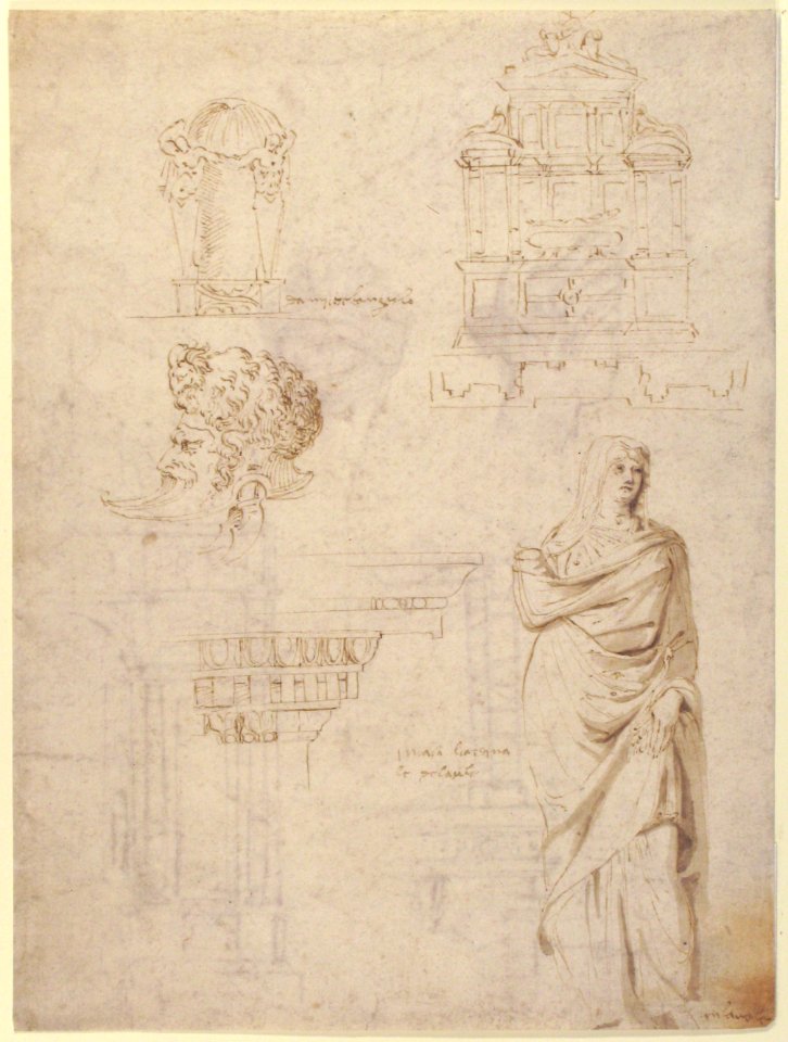 Sketches of a Funeral Monument, a Niche with Statues, a Helmet in the Shape of a Human Head, an Entablature and a Female Statue MET 59.608.157a