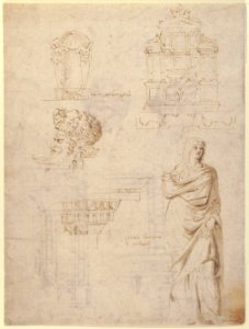 Sketches of a Funeral Monument, a Niche with Statues, a Helmet in the Shape of a Human Head, an Entablature and a Female Statue MET 59.608.157a