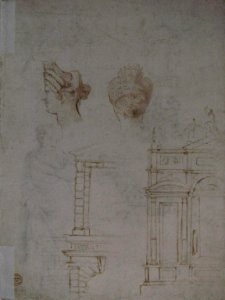 Sketches of a Funeral Monument, a Niche with Statues, a Helmet in the Shape of a Human Head, an Entablature and a Female Statue MET After Michelangelo 59.608.157b