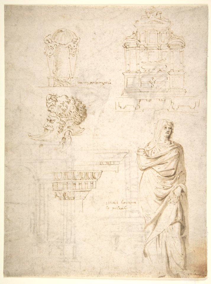 Sketches of a Funeral Monument, a Niche with Statues, a Helmet in the Shape of a Human Head, an Entablature and a Female Statue MET DP810673