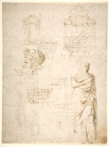 Sketches of a Funeral Monument, a Niche with Statues, a Helmet in the Shape of a Human Head, an Entablature and a Female Statue MET DP810673