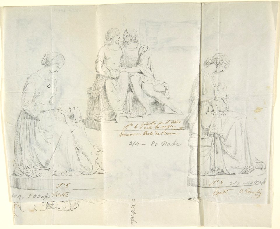Sketches of Seven Statues- "Faith," "Paolo and Francesca di RImini," "Charity," "Roman Matron," "Venus Feleste," "Danyatrice," and "Sleeping Amor" MET DP804256