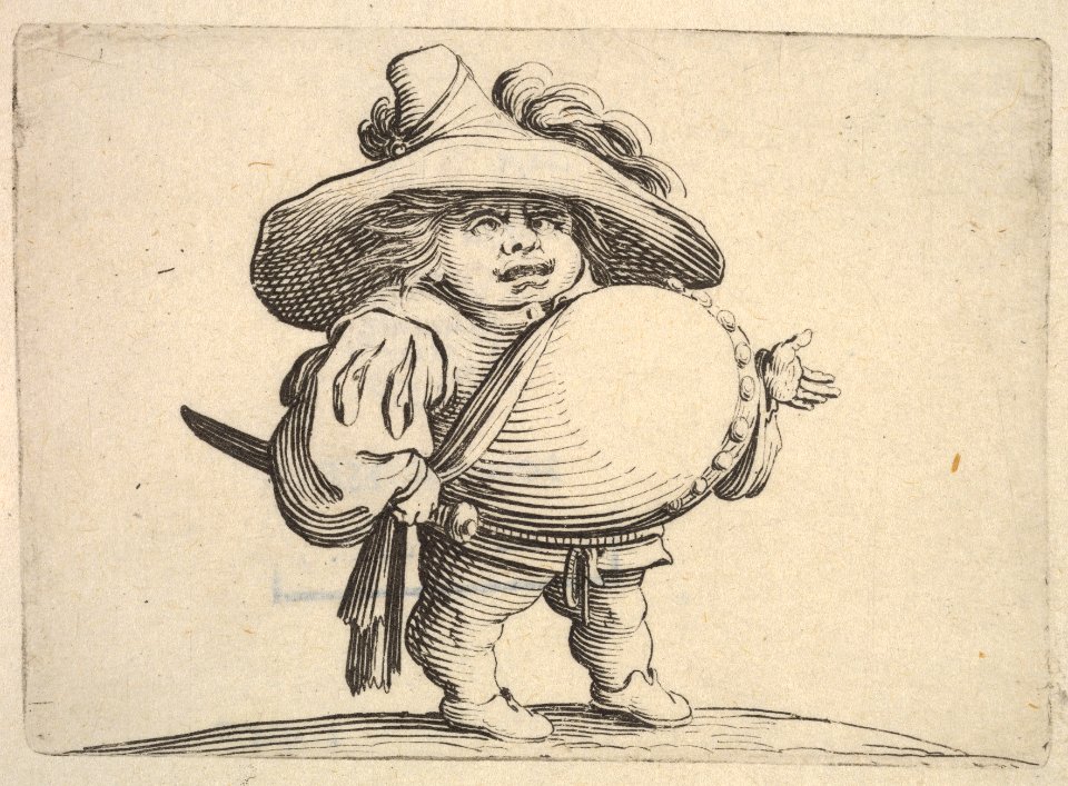 Small male figure in three-quarter view with outstreched left hand and right hand grasping sword at hip, from the series 'Varie figure gobbi' MET DP833452