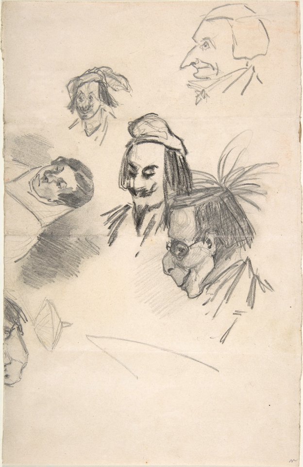Sketches of Six Heads in Profile (caricatures?) (recto); Sketch of Head and Blank Rectangle (verso) MET DP802743