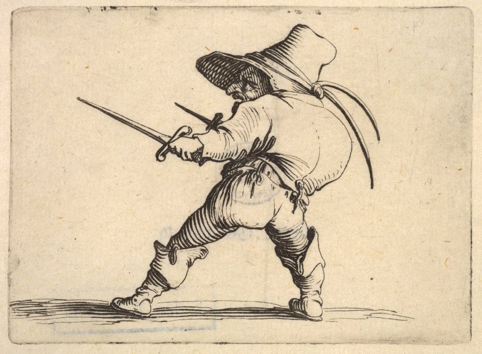Small male figure wearing a hat, with daggers in both hands, and placing his weight on his right foot as he stretches his left foot forward, from the series 'Varie figure gobbi' MET DP833451