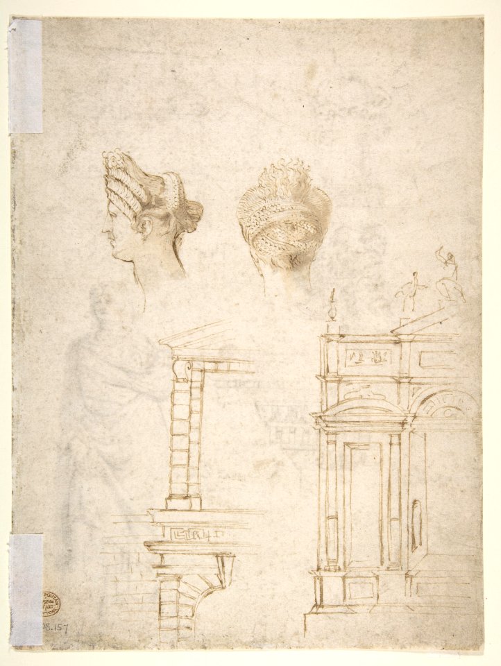 Sketches of a Funeral Monument, a Niche with Statues, a Helmet in the Shape of a Human Head, an Entablature and a Female Statue MET DP810674