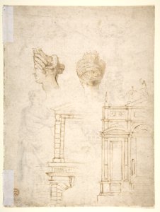 Sketches of a Funeral Monument, a Niche with Statues, a Helmet in the Shape of a Human Head, an Entablature and a Female Statue MET DP810674