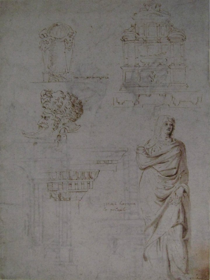 Sketches of a Funeral Monument, a Niche with Statues, a Helmet in the Shape of a Human Head, an Entablature and a Female Statue MET After Michelangelo 59.608.157a
