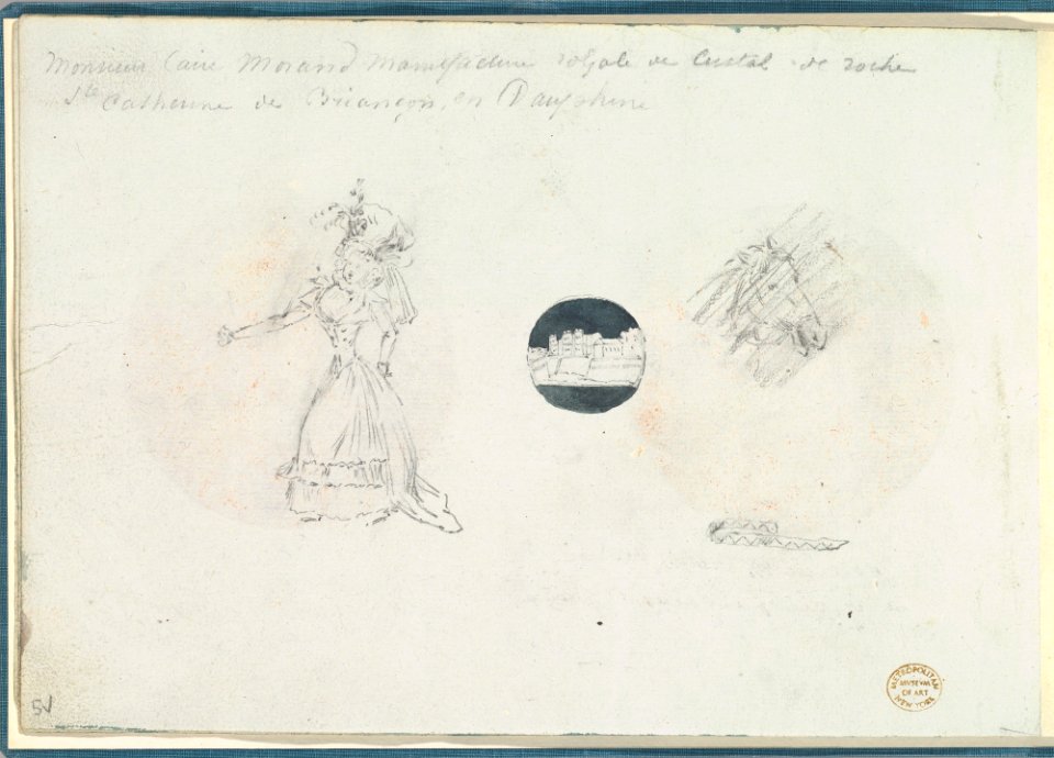 Sketches of a Woman in a Corseted Gown, a Castle, and a Horse's Head MET DP825828