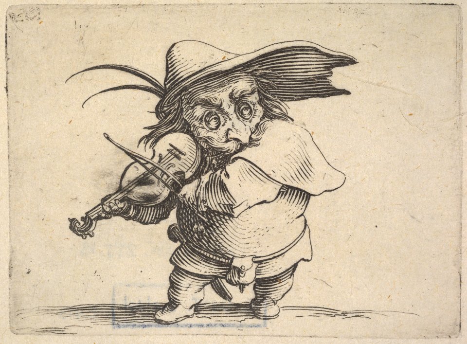 Small, masked male figure playing a violin, from the series 'Varie figure gobbi' MET DP833455