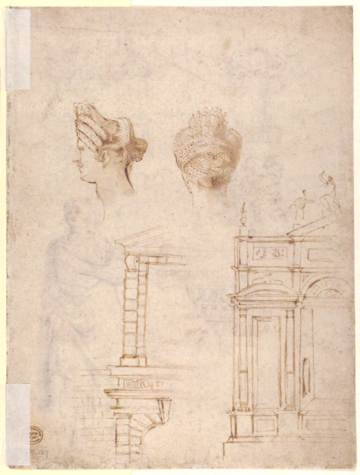 Sketches of a Funeral Monument, a Niche with Statues, a Helmet in the Shape of a Human Head, an Entablature and a Female Statue MET 59.608.157b