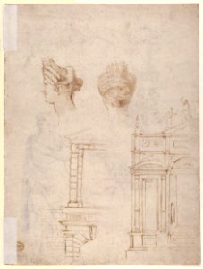 Sketches of a Funeral Monument, a Niche with Statues, a Helmet in the Shape of a Human Head, an Entablature and a Female Statue MET 59.608.157b