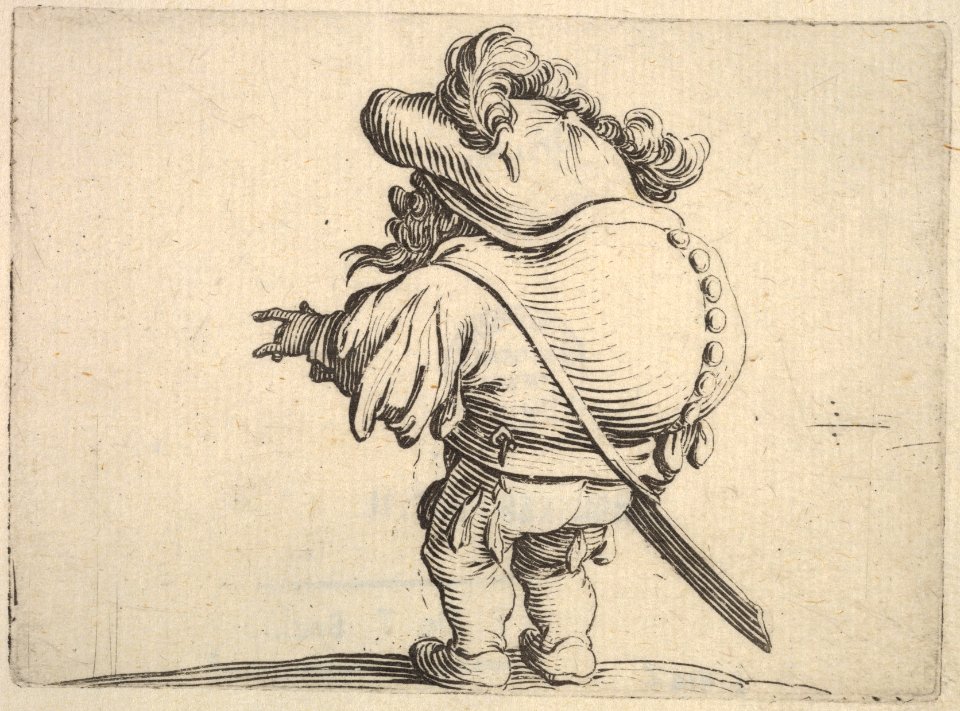 Small male figure with outstreched left hand, seen from the back, which bulges, from the series 'Varie figure gobbi' MET DP833453