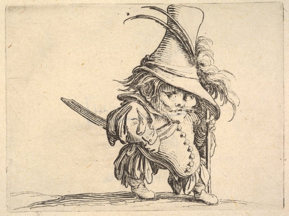 Small male figure in feathered hat with walking stick in left hand, from the series 'Varie figure gobbi' MET DP833454