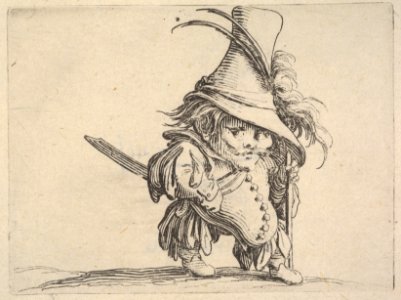 Small male figure in feathered hat with walking stick in left hand, from the series 'Varie figure gobbi' MET DP833454