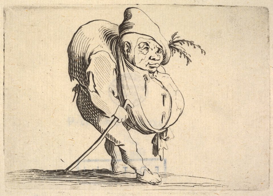 Small figure striding forward with cane and bulging abdomen, body in profile view and head in three-quarters view, from the series 'Varie figure gobbi' MET DP833446