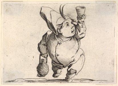Small male figure in feathered cap with upraised hand holding a cup and other hand grasping a handled vessel, in frontal view, from the series 'Varie figure gobbi' MET DP833448